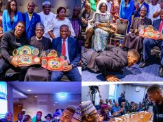 Video: Anthony Joshua Prostrates, Presents belts to President Buhari in London