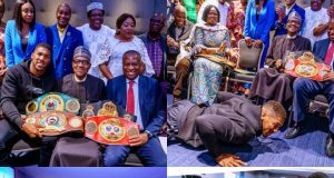 Video: Anthony Joshua Prostrates, Presents belts to President Buhari in London