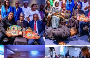 Video: Anthony Joshua Prostrates, Presents belts to President Buhari in London