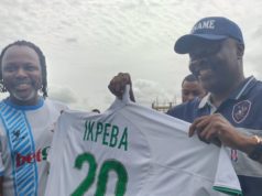 Victor Ikpeba Presents Bet9ja CEO Hon. Kunle Soname His Jersey of 20years Old To Honour His Birthday