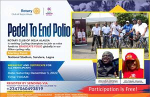 London To Lagos Biker Storms National Stadium As Rotary Club Of Ikeja Alausa Hosts Over One Hundred Cyclist In This Year ‘Pedal To End Polio’ Edition