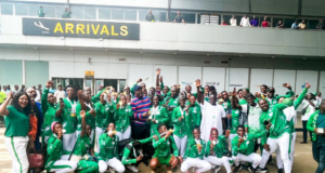 Sports Minister Dare, AFN Officials, Supporters Clubs Receive Impressive U-19 Athletics Teams At Lagos Airport