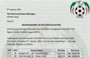 NPFL Adjusts Matchday 18 Fixtures To Accommodate Nigeria’s AFCON Clash