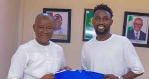 Super Eagles Midfielder Wilfred Ndidi Pays Courtesy Visit to Sports Minister, Senator John Enoh
