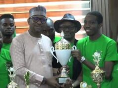 Chairman National Sports Commission Mallam Dikko receives members of victorious Scrabble Team Nigeria