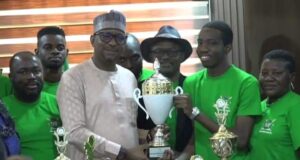 Chairman National Sports Commission Mallam Dikko receives members of victorious Scrabble Team Nigeria