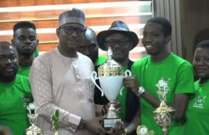 Chairman National Sports Commission Mallam Dikko receives members of victorious Scrabble Team Nigeria