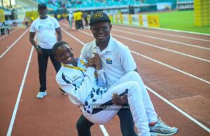 Unbreakable Bond: Felix Onoriode Lifts Daughter Bernice After Her U17 100m Victory at MTN Champs Grand Final
