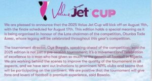 Value Jet Cup 2025 Pre-season Tournament set to honour Otunba Tade Azeez
