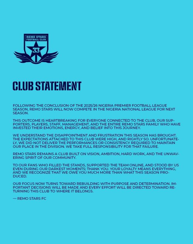 NPFL Shock: Remo Stars Confirm Relegation After Painful 2025/26 Season Collapse