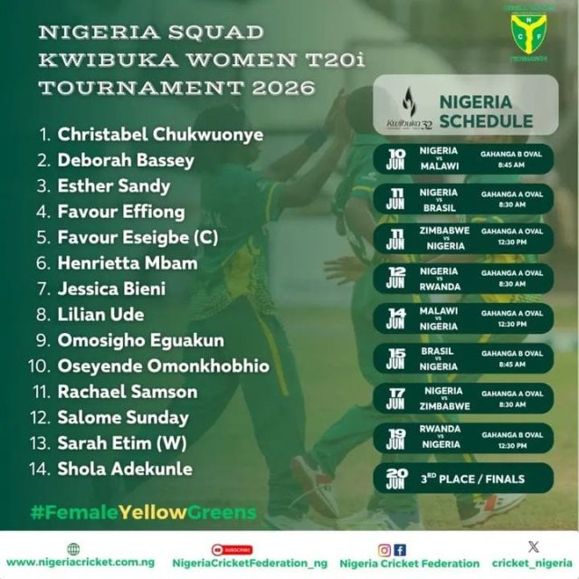 Nigeria Unveils Squad for Kwibuka Women’s T20i Tournament 2026 as Female Yellow Greens Begin Campaign vs Malawi