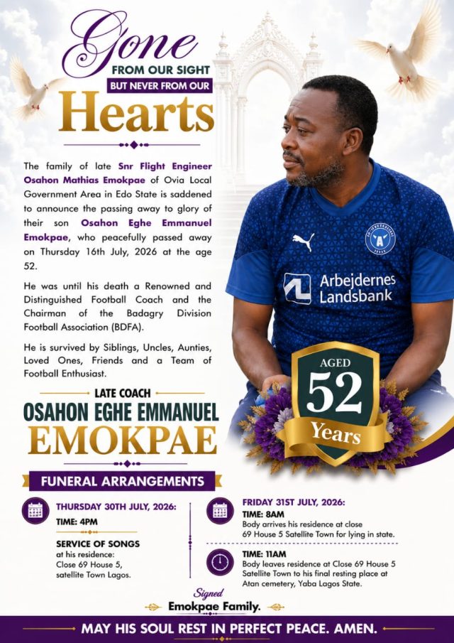 Late Coach Osahon Emokpae For Burial This Friday At Atan Cemetery In Yaba Area Of Lagos