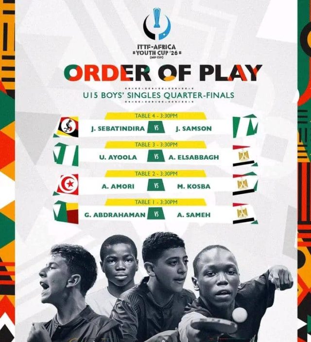 Nigeria’s Quarter-Final Opponents Confirmed in U-15 Boys’ Singles at ITTF Africa Youth Championships